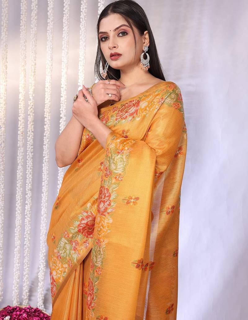Yellow plain tissue tissue-sarees saree with blouse