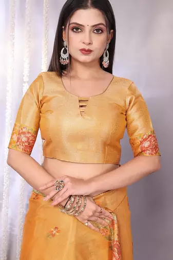 Yellow plain tissue tissue-sarees saree with blouse