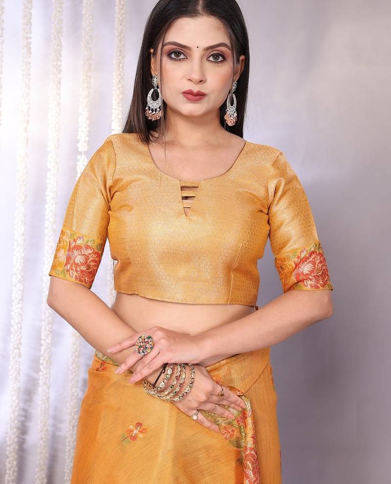 Yellow plain tissue tissue-sarees saree with blouse