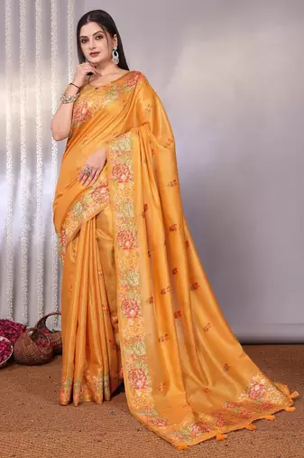 Yellow plain tissue tissue-sarees saree with blouse