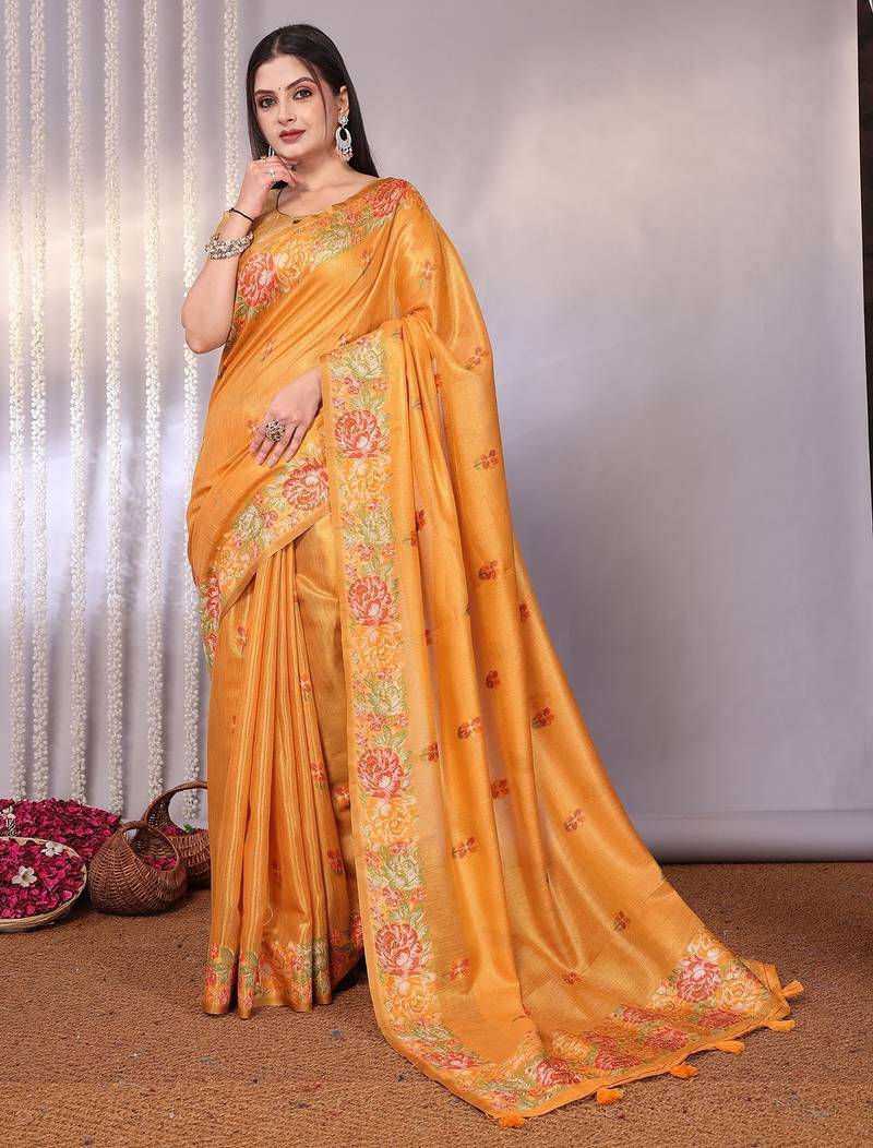 Yellow plain tissue tissue-sarees saree with blouse