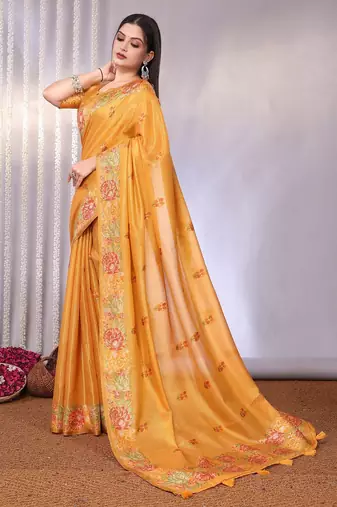 Yellow plain tissue tissue-sarees saree with blouse