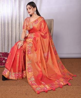 Peach plain tissue tissue-sarees saree with blouse 1