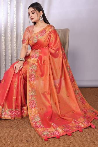 Peach plain tissue tissue-sarees saree with blouse