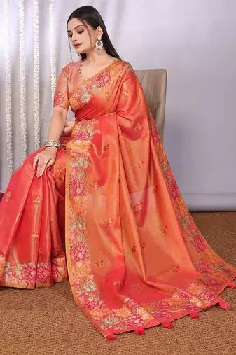 Peach plain tissue tissue-sarees saree with blouse