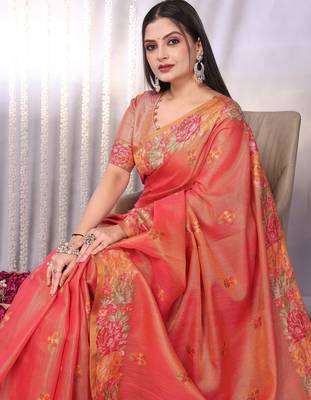 Peach plain tissue tissue-sarees saree with blouse 2