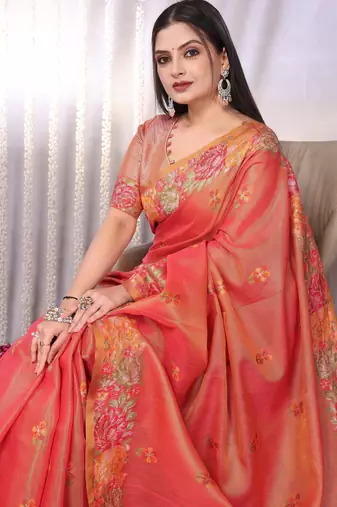 Peach plain tissue tissue-sarees saree with blouse