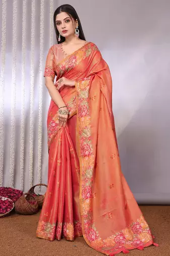 Peach plain tissue tissue-sarees saree with blouse
