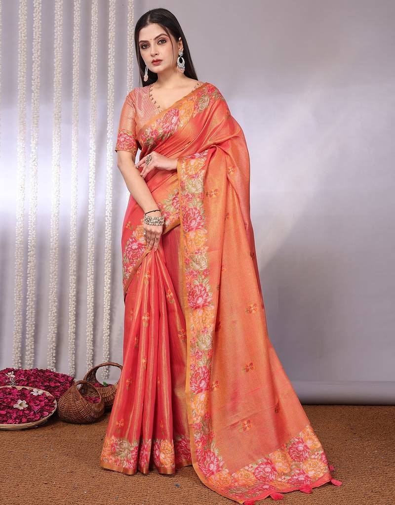 Peach plain tissue tissue-sarees saree with blouse