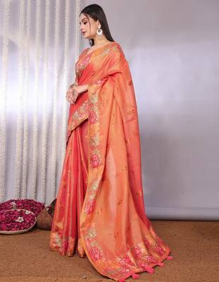 Peach plain tissue tissue-sarees saree with blouse 5