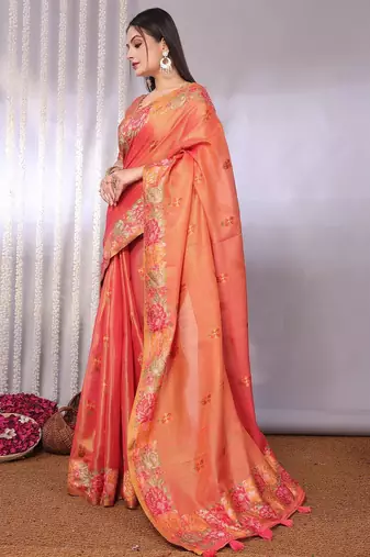 Peach plain tissue tissue-sarees saree with blouse