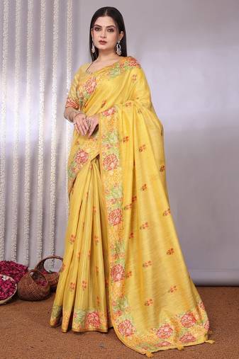 Yellow plain tissue tissue-sarees saree with blouse