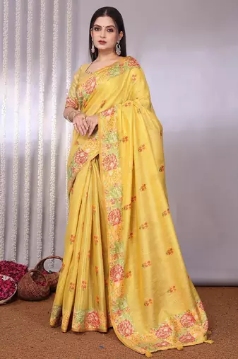 Yellow plain tissue tissue-sarees saree with blouse