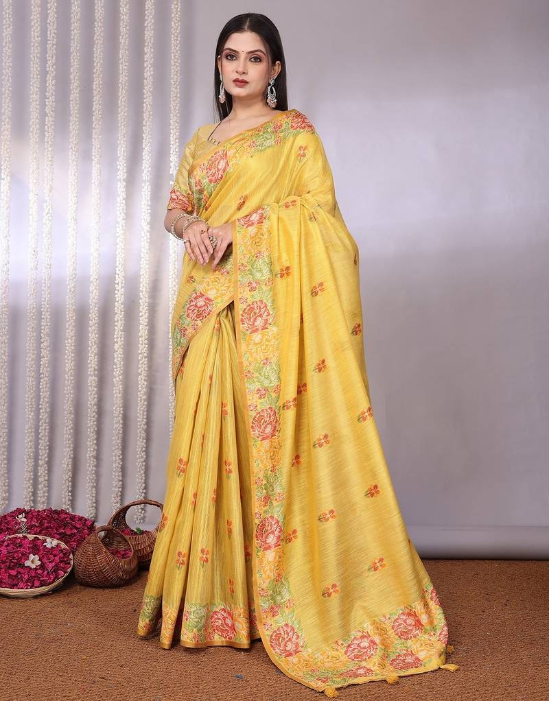 Yellow plain tissue tissue-sarees saree with blouse