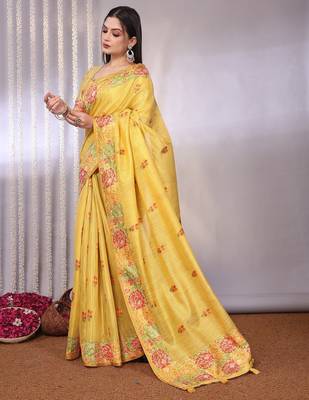 Yellow plain tissue tissue-sarees saree with blouse 2