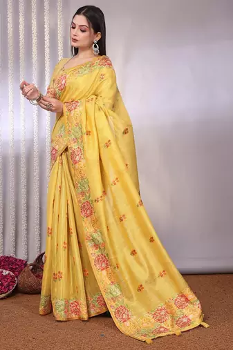 Yellow plain tissue tissue-sarees saree with blouse