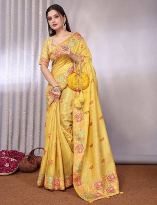 Yellow plain tissue tissue-sarees saree with blouse 3