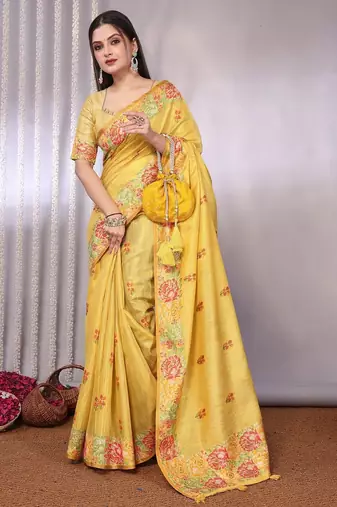 Yellow plain tissue tissue-sarees saree with blouse