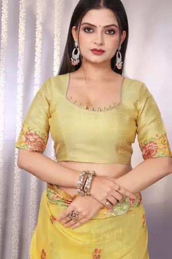 Yellow plain tissue tissue-sarees saree with blouse