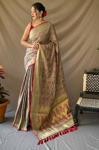 grey plain silk_blend patola-saris saree with blouse