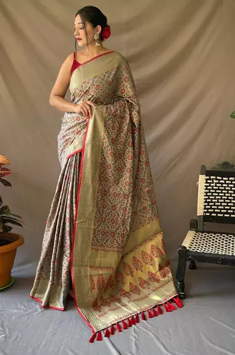 grey plain silk_blend patola-saris saree with blouse