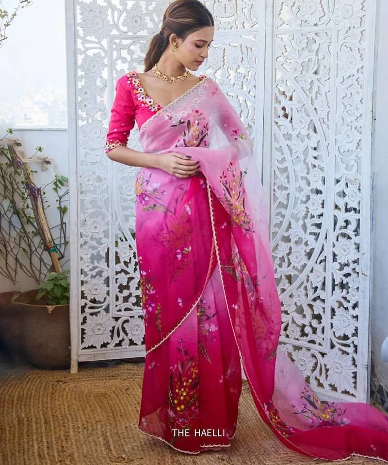 New Beautiful floral print with beads, Sequins Worked Soft Tebby Silk Women's Saree With Blouse Set 