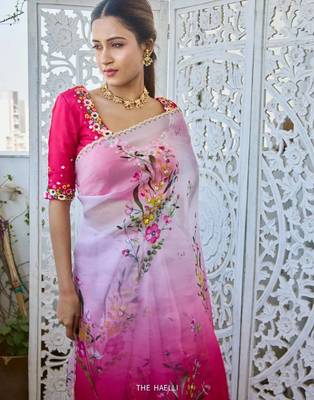 pink silk saree with floral sequins work 2