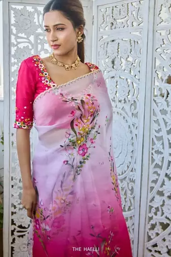 pink silk saree with floral sequins work