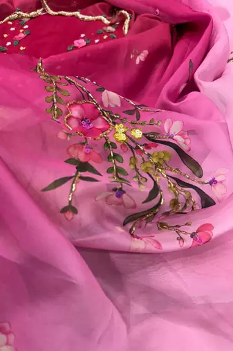 pink silk saree with floral sequins work