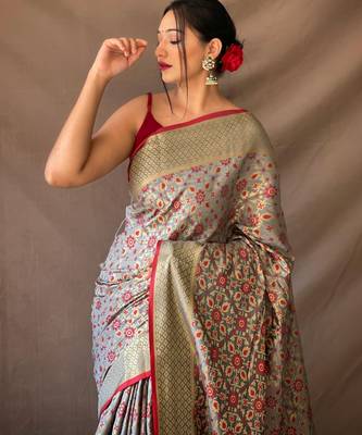 grey plain silk_blend patola-saris saree with blouse 2