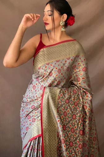 grey plain silk_blend patola-saris saree with blouse