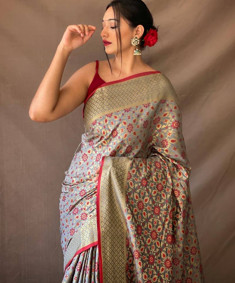 grey plain silk_blend patola-saris saree with blouse