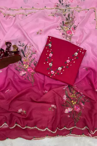 pink silk saree with floral sequins work