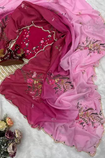 pink silk saree with floral sequins work