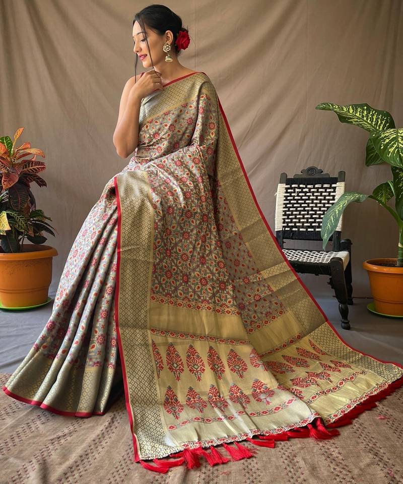 grey plain silk_blend patola-saris saree with blouse