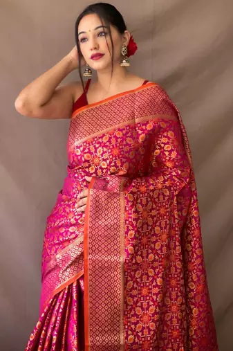 pink plain silk_blend patola-saris saree with blouse