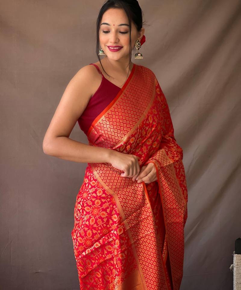 red plain silk_blend patola-saris saree with blouse