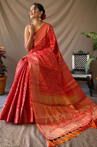 red plain silk_blend patola-saris saree with blouse
