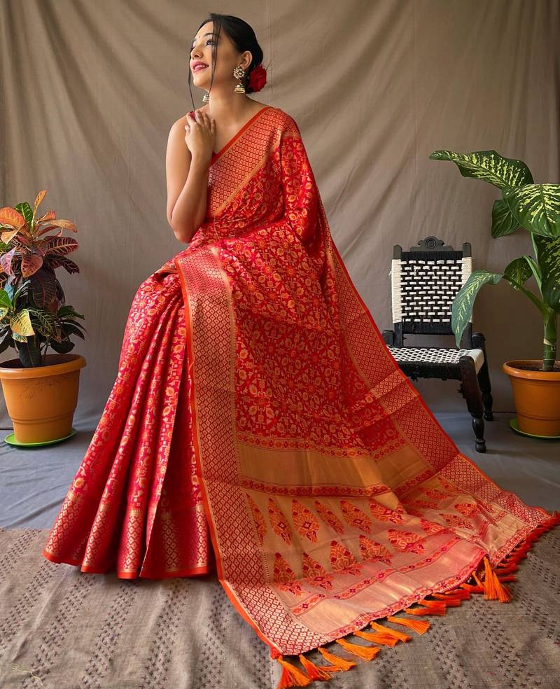 red plain silk_blend patola-saris saree with blouse