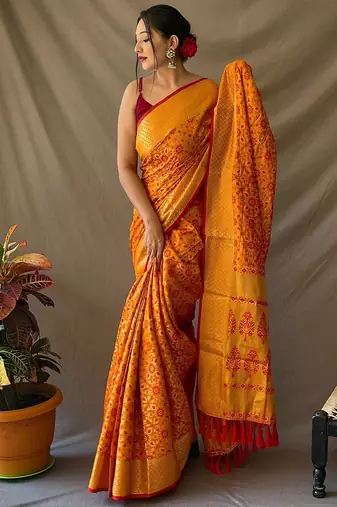 orange plain silk_blend patola-saris saree with blouse