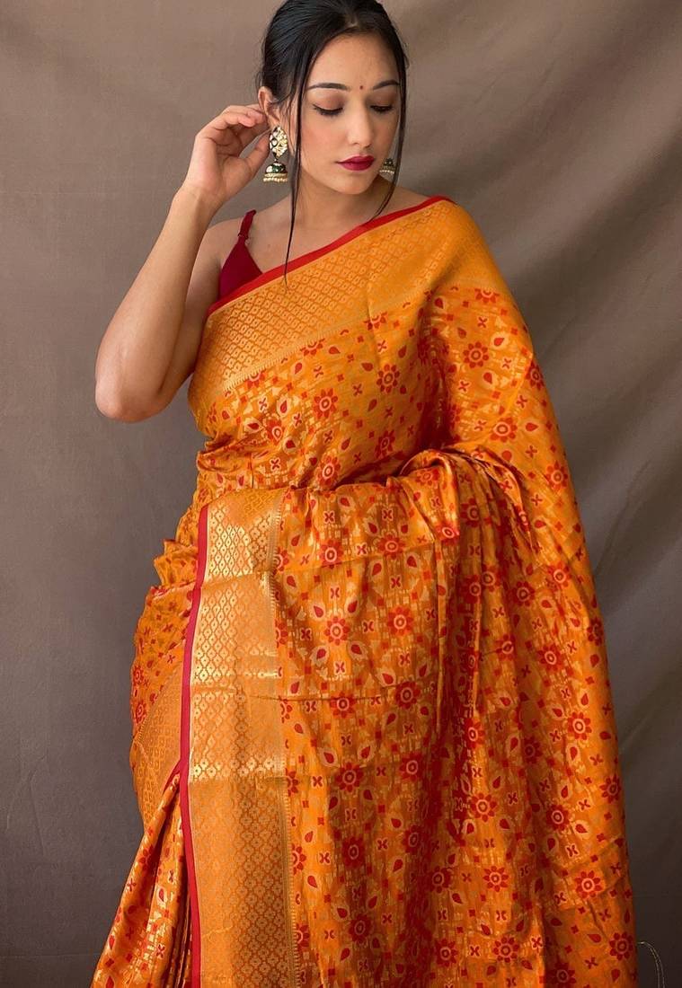 orange plain silk_blend patola-saris saree with blouse