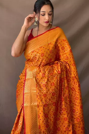 orange plain silk_blend patola-saris saree with blouse