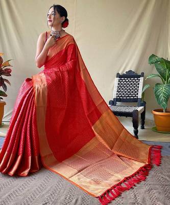 red plain silk_blend patola-saris saree with blouse 1