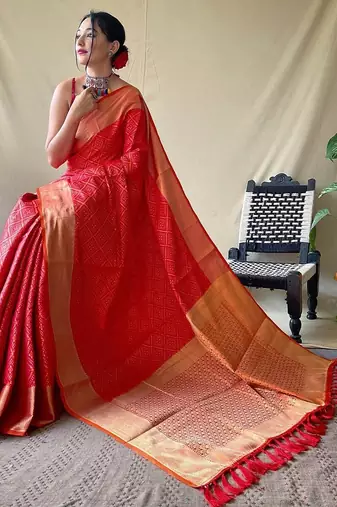 red plain silk_blend patola-saris saree with blouse