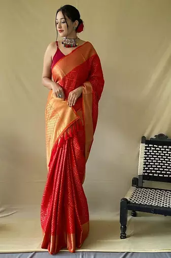 red plain silk_blend patola-saris saree with blouse