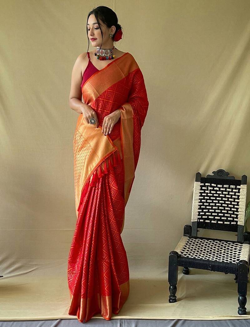 red plain silk_blend patola-saris saree with blouse