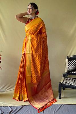 orange plain silk_blend patola-saris saree with blouse 1