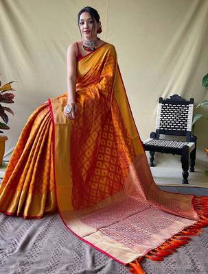 orange plain silk_blend patola-saris saree with blouse 2