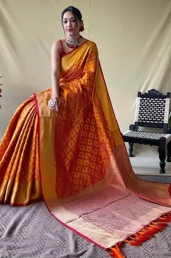 orange plain silk_blend patola-saris saree with blouse