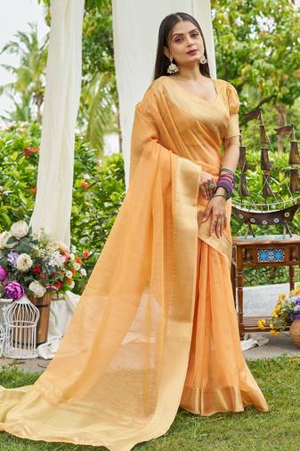 Orange plain linen linen-saree saree with blouse